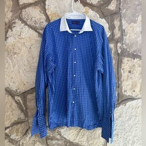 Ralph Lauren Purple Label Blue Striped Button Down Dress Shirt Size 17.5
